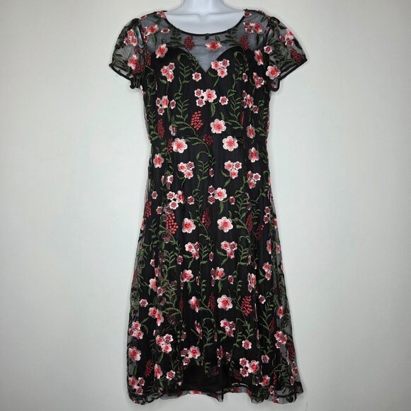 Modcloth Womens Black Mesh Floral Embroidered Dress Size L Feminine Fairy Whimsy - Picture 1 of 12